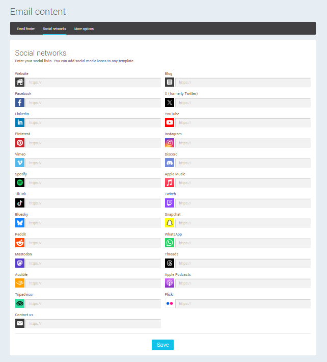 Add default links for your social networks