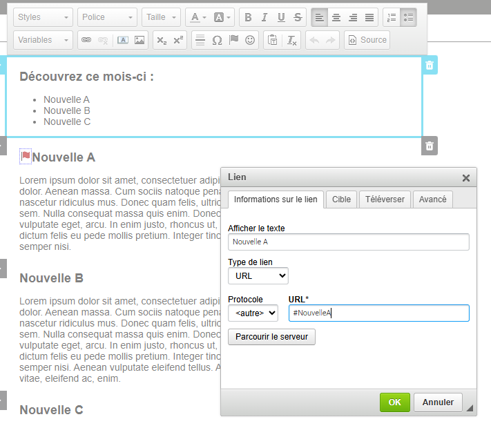 Créer un lien (ancre) dans un différent bloc
