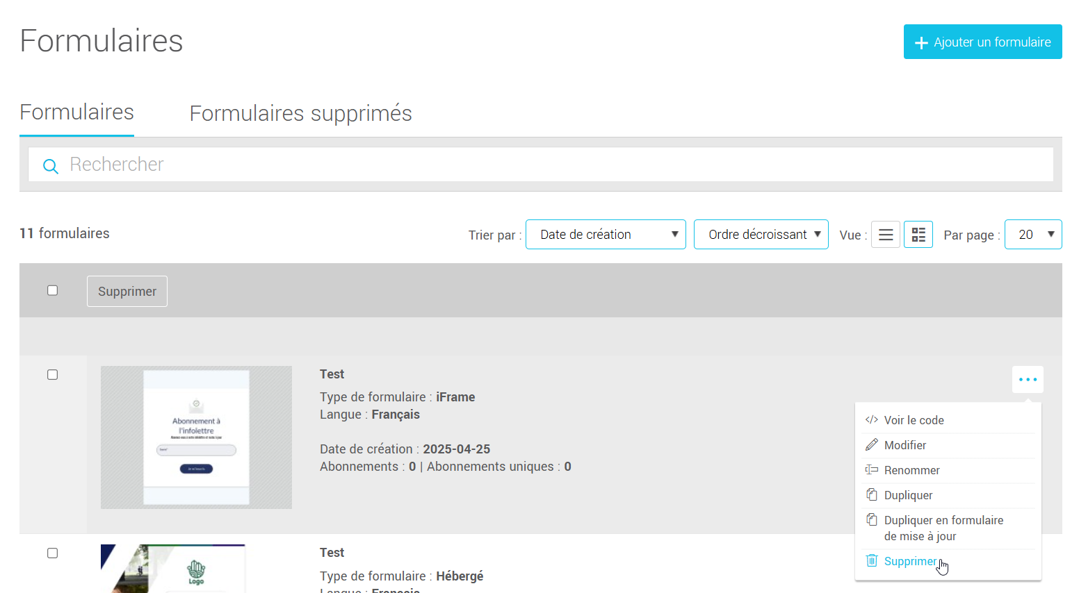 Supprimer un formulaire