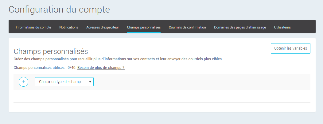 Configuration des champs personnalisés au compte