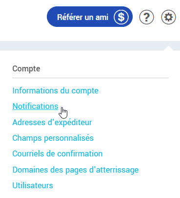 Menu paramètres et configurations : Notifications