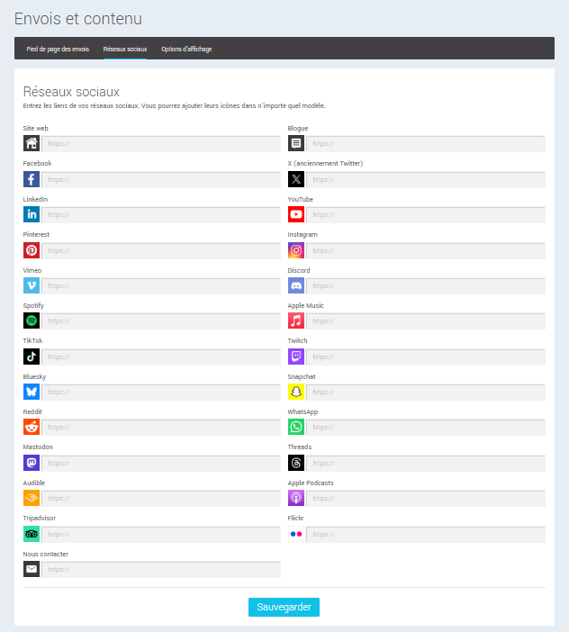 Configuration des réseaux sociaux au compte