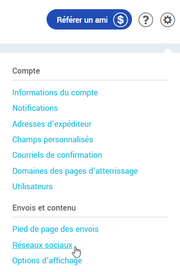Paramètres et configurations : Réseaux sociaux