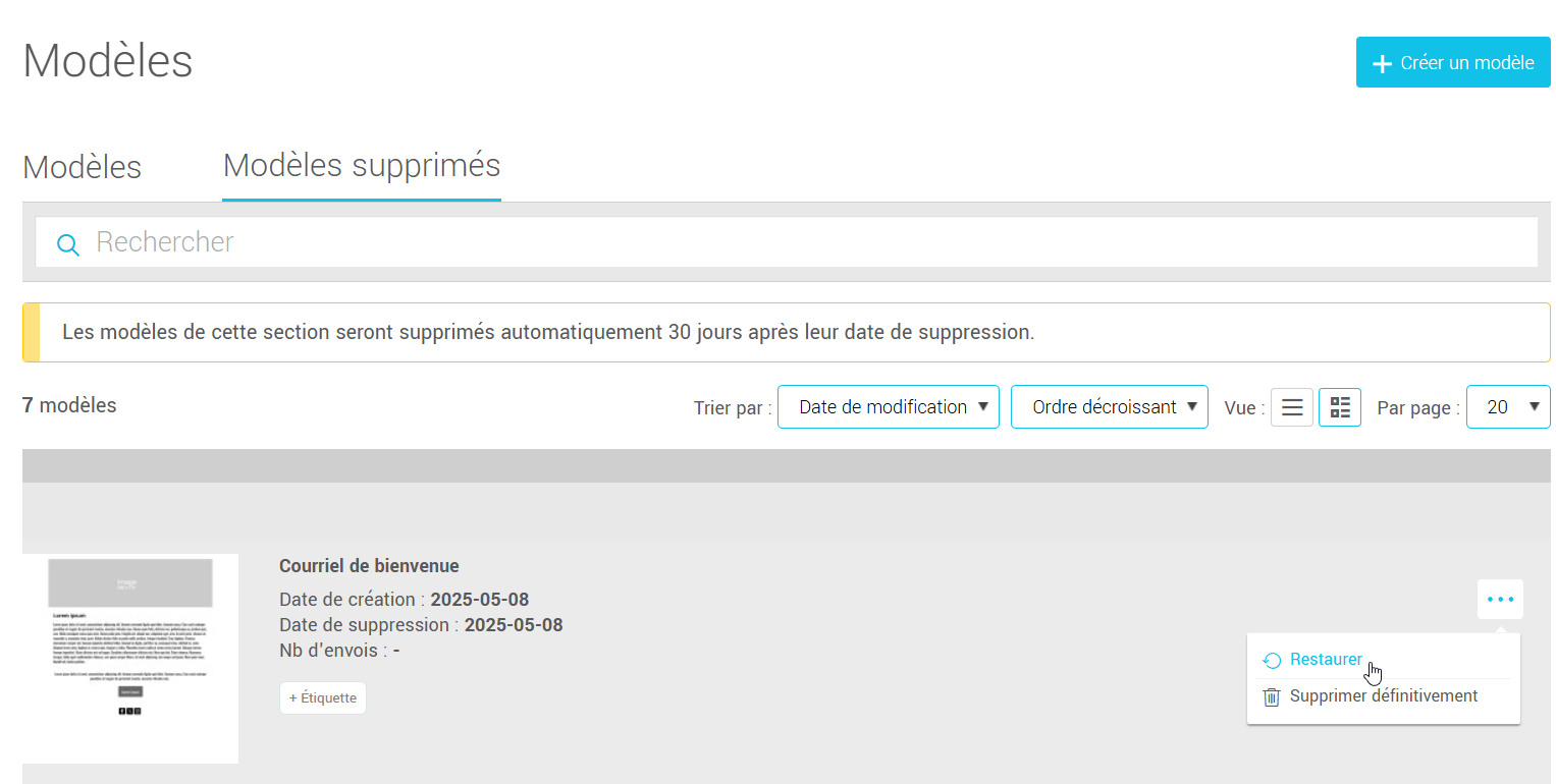 Restaurer un modèle supprimé